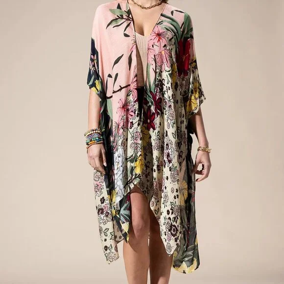 Floral Print Kimono Lightweight Boho Duster Airy Cardigan - Picture 5 of 8